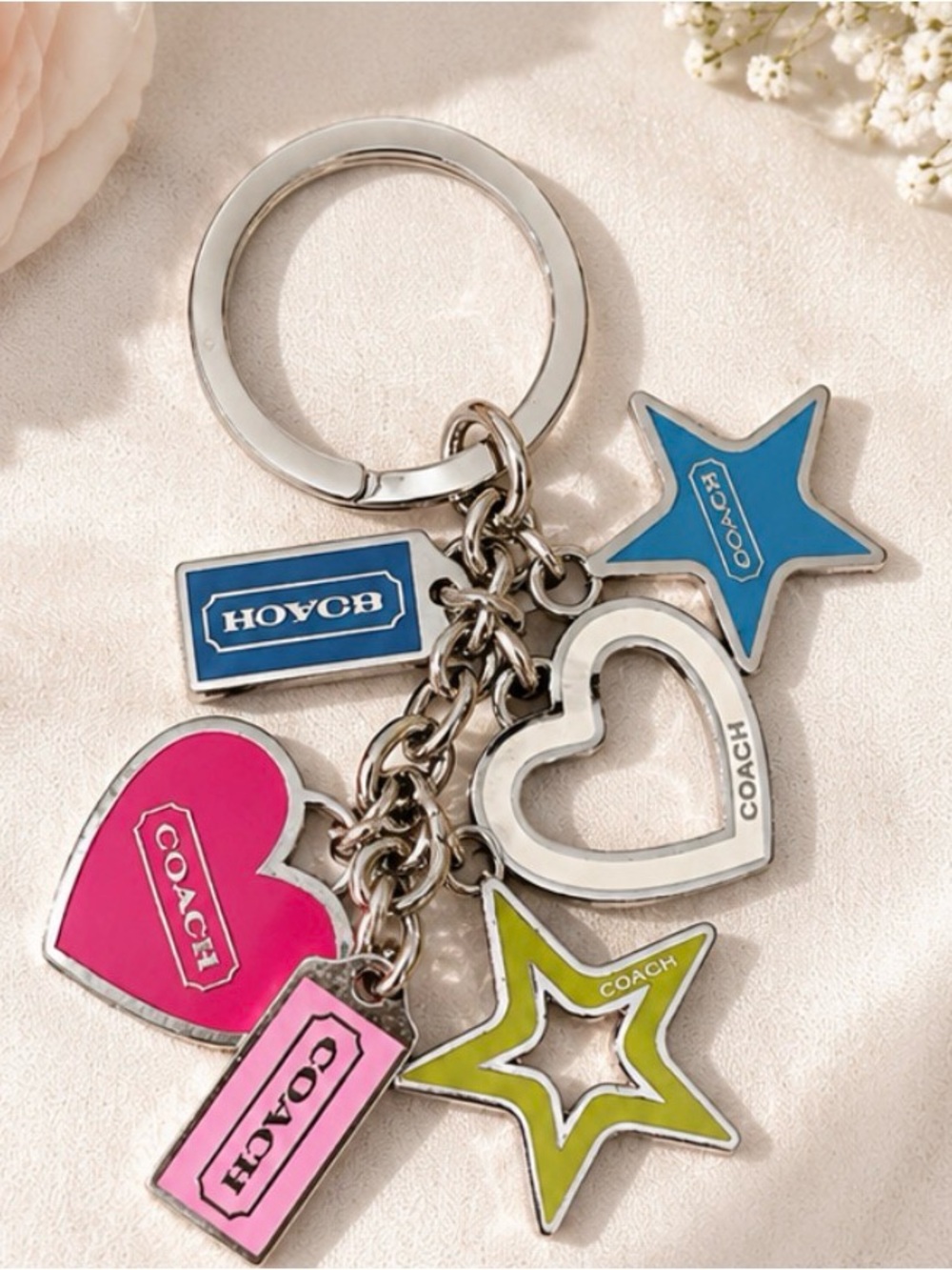 Coach Keychain Bag Charm Hearts Stars Pink Blue Green - Picture 2 of 3
